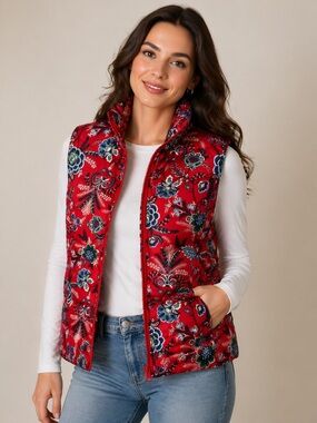 Lands End NWT Quilted‎ 600 Down Red Blue Floral Puffer Petite Vest